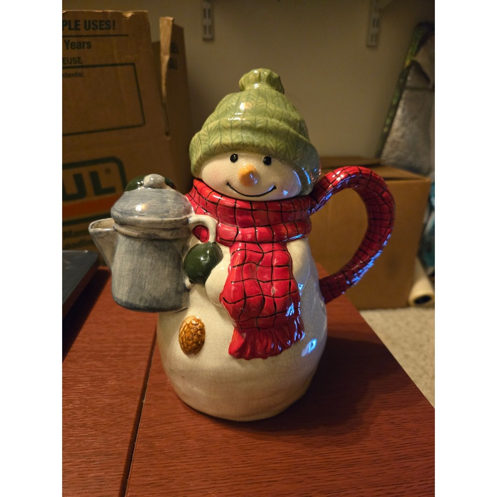 Hallmark Mitford Jan Karon Snowman Teapot Ceramic Red Green White 60020269